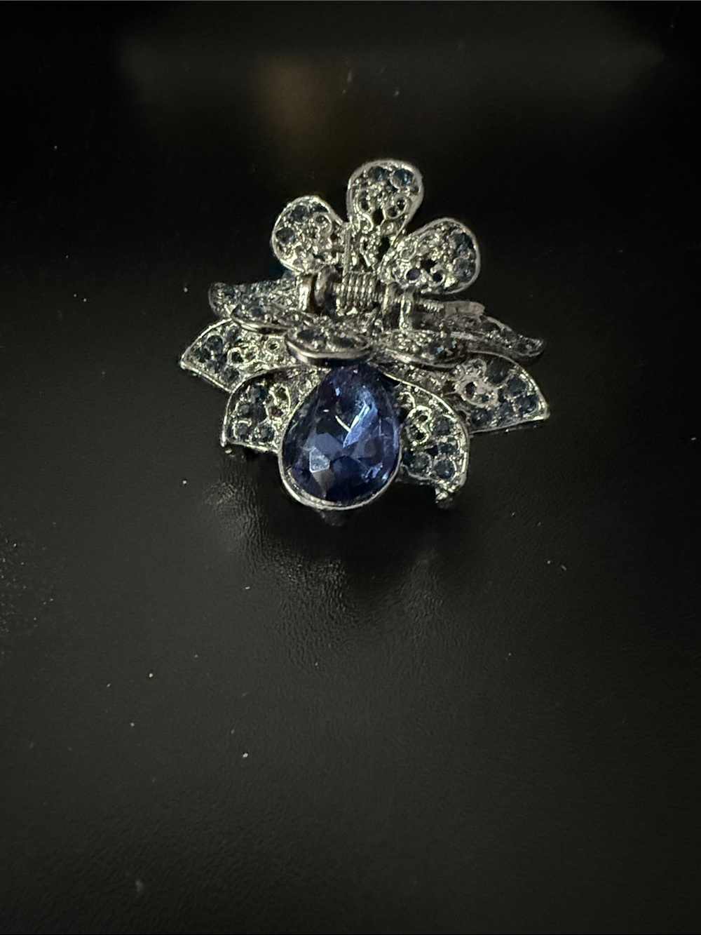 Elegant Gunmetal-Tone Floral Hair Clip with Blue Teardrop Crystal